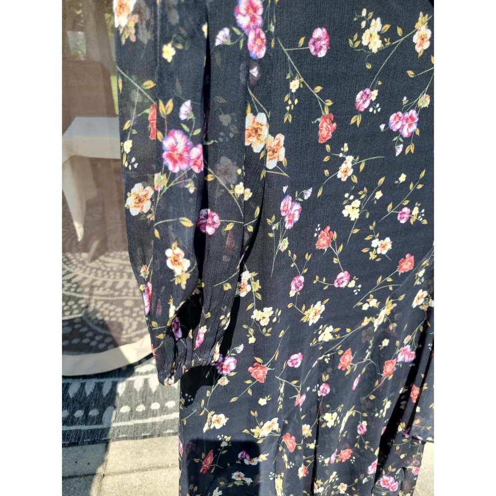 Guess Darcelle Whimsy Floral Printed Black Long Sleeve Ruffled Dress Size: 6 - Picture 8 of 9